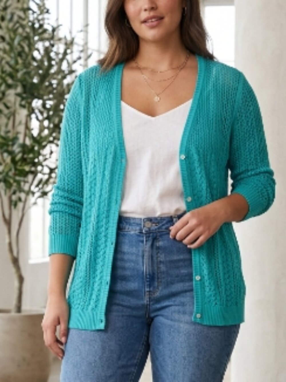 Koret Turquoise Aqua Cotton Knit Button-Front Cardigan M Lightweight Classic